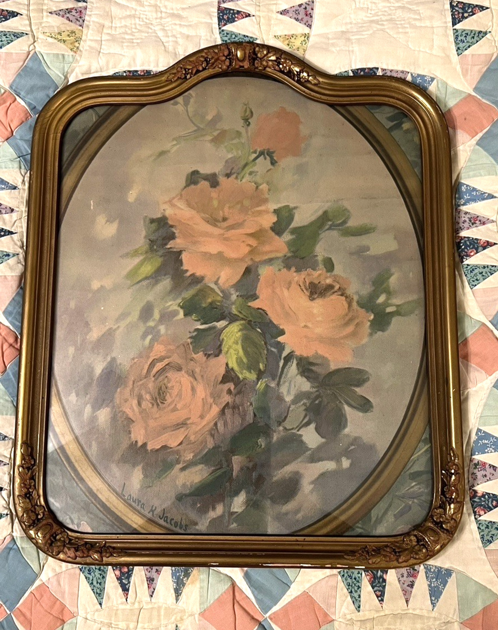 Laura H Jacobs Pink Roses Still Life Print Gold Frame Vintage 21" x 17" Cottage